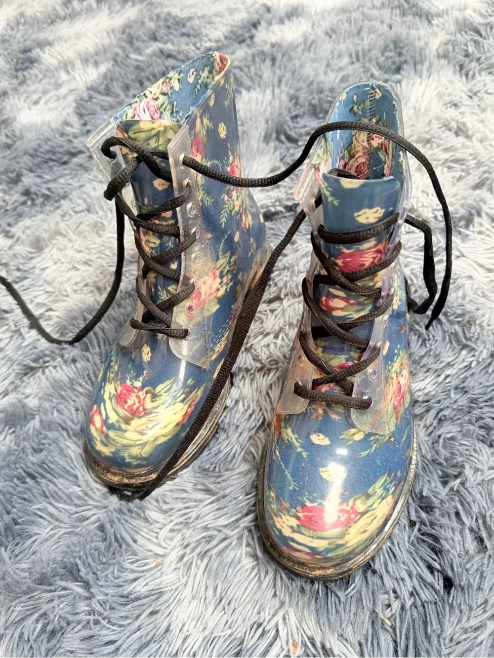 Navy Floral Lace-Up Rain Boots for Big Girls size 6 moody romantic grunge chic